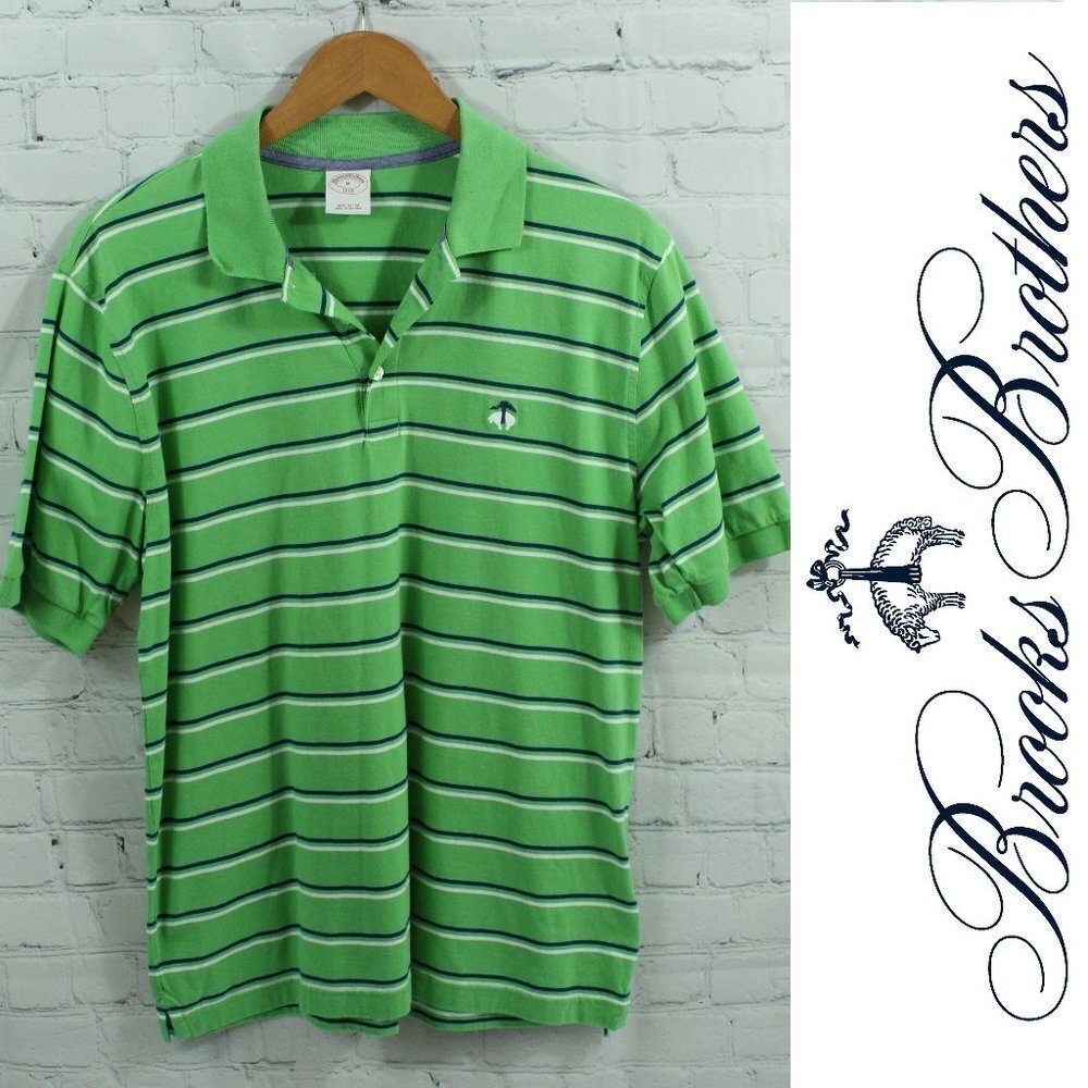 BROOKS BROTHERS 1818 Polo Shirt Mens M Green Stripe Performance Short Sleeve EUC